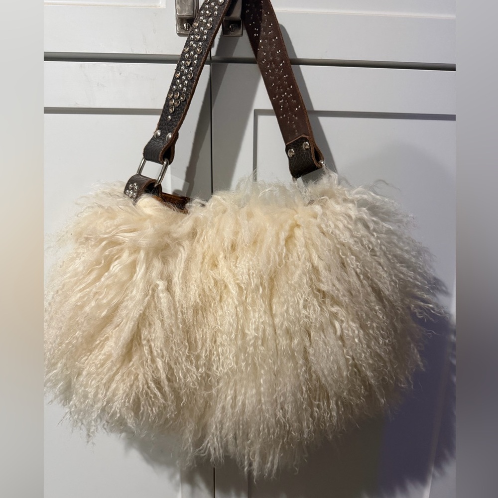 Mongolian Sheep Suede Leather Purse with Leather Handle with Swarovski Crystals.
